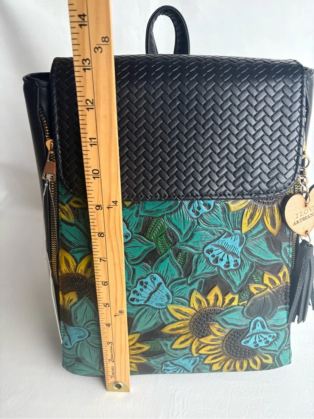 Handpainted Floral Sunflower Vegan Leather Backpack - Black & Teal